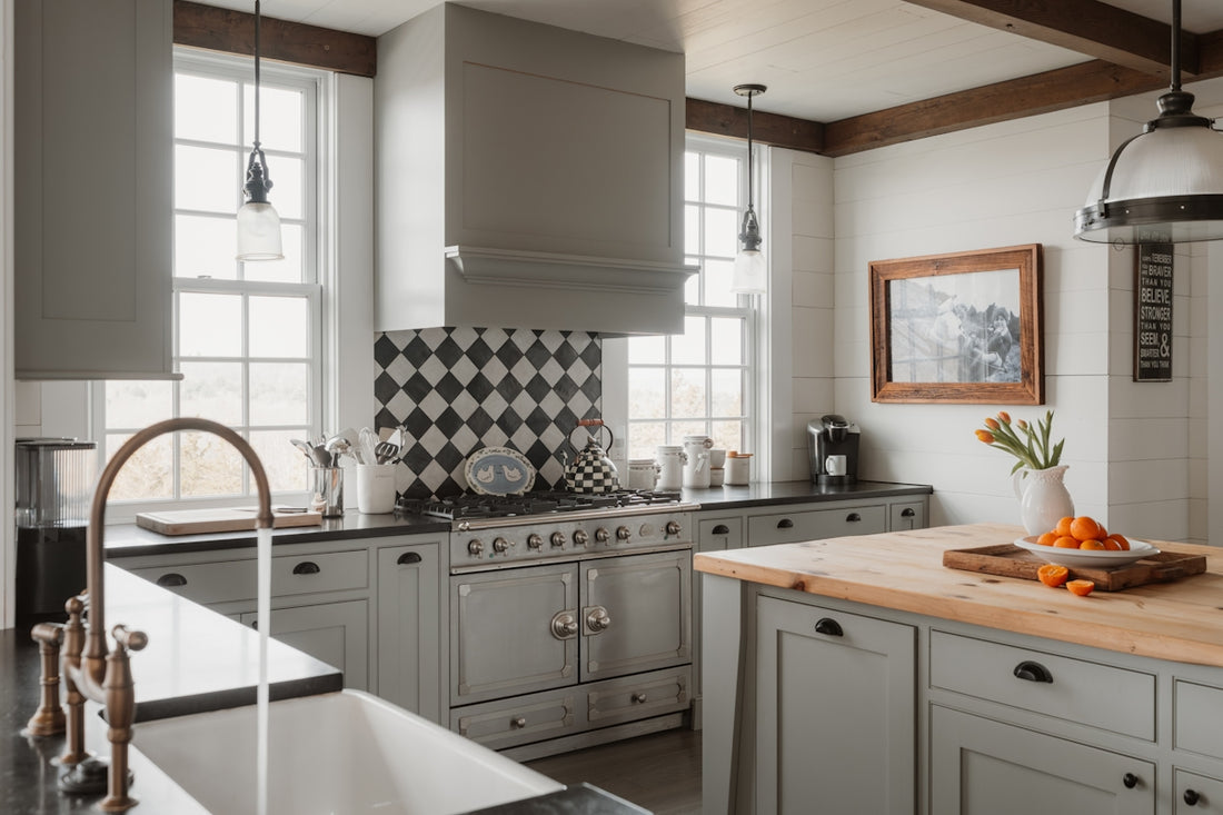 A modern farmhouse kitchen with gray cabinets and island
