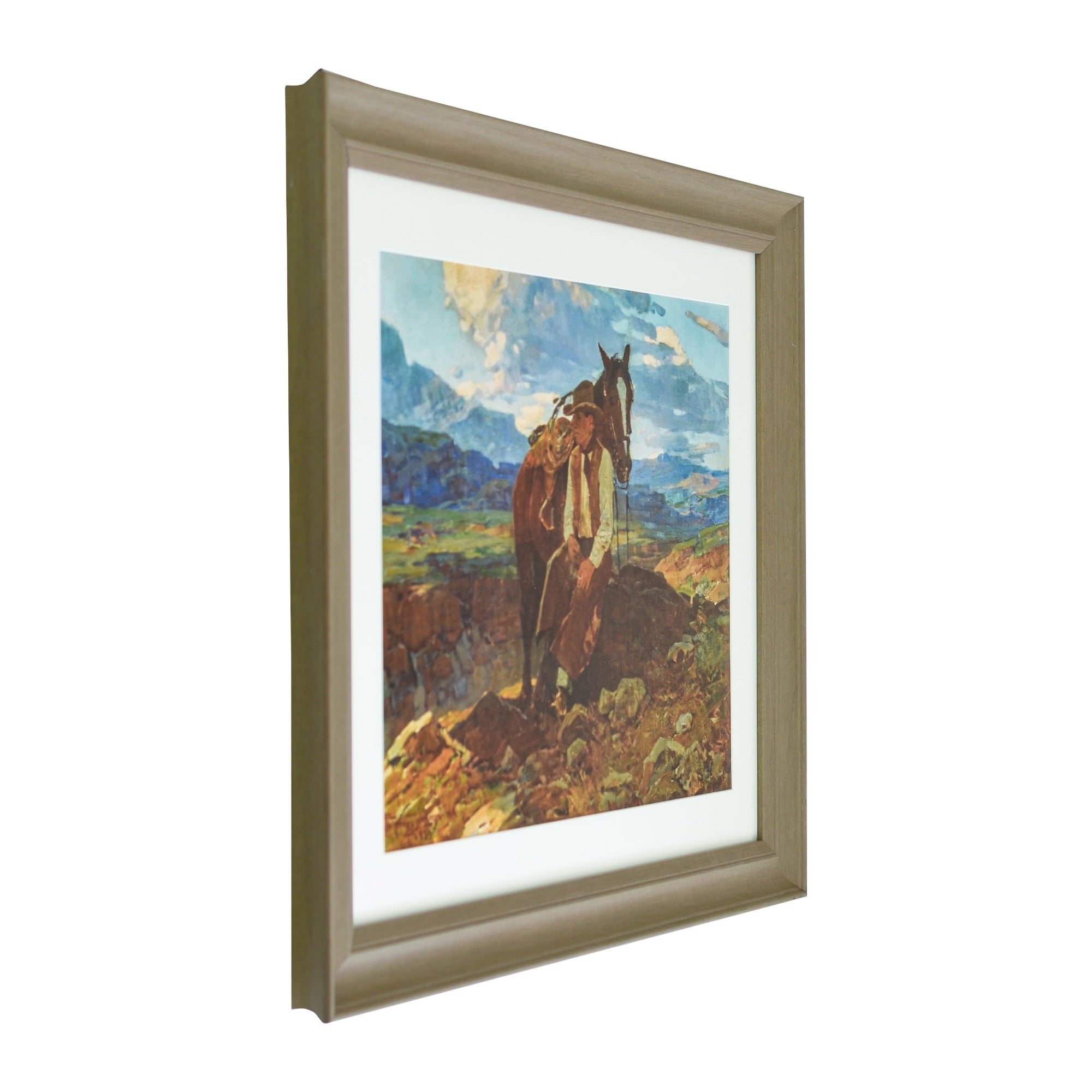 Homesteada™ Frank Tenney Johnson "An Idle Dreamer" Framed Western Wall Art Print, Cowboy and Horse Landscape Artwork, Matted Rustic Ranch Decor, Ready to Hang Framed Art for Living Room