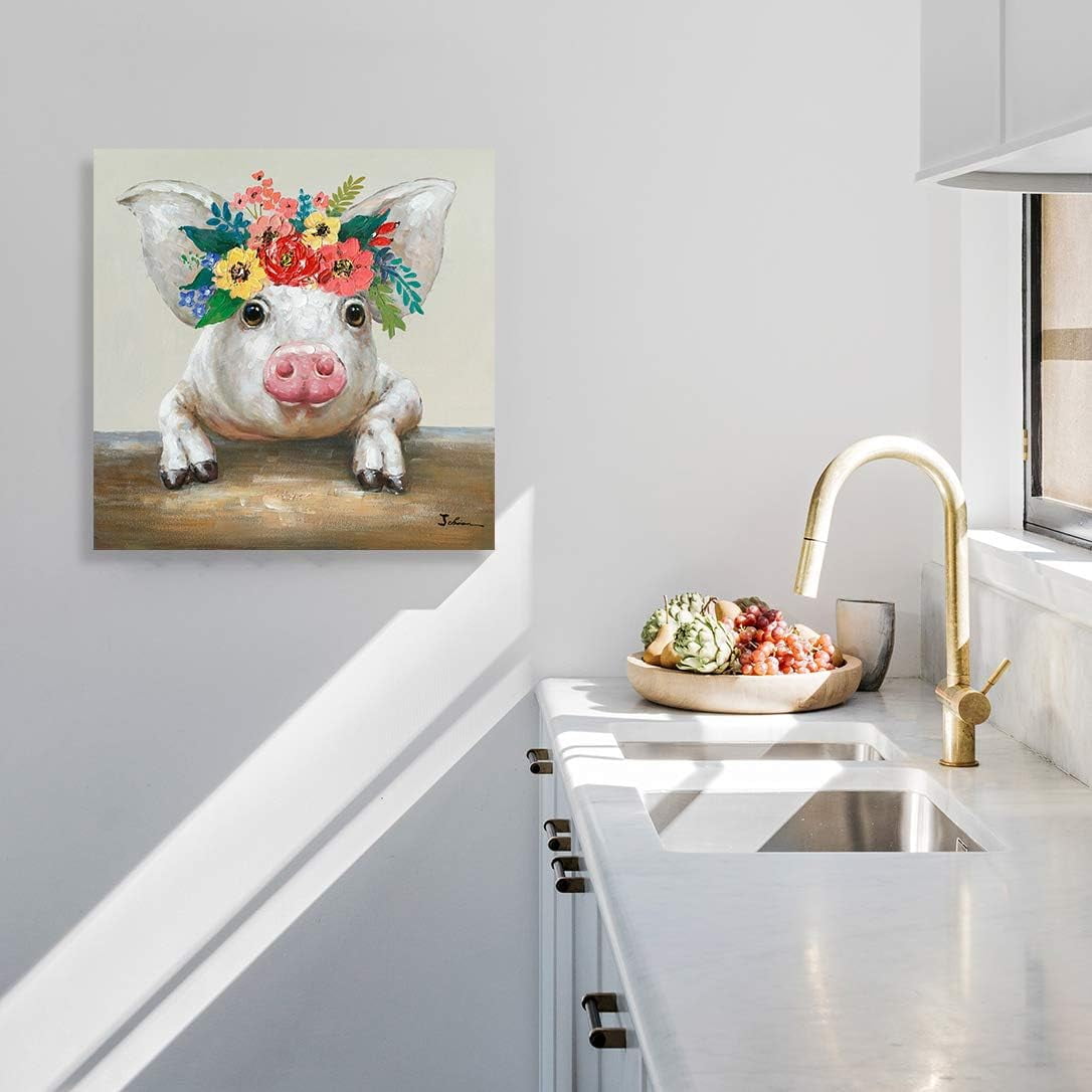 Homesteada™ CDDposter Pig Canvas Picture Wall Art: Rustic Pig Floral Crown Wall Decor Farm Animal Wall Art Homesteada™ Kitchen Farmhouse Home Decorations