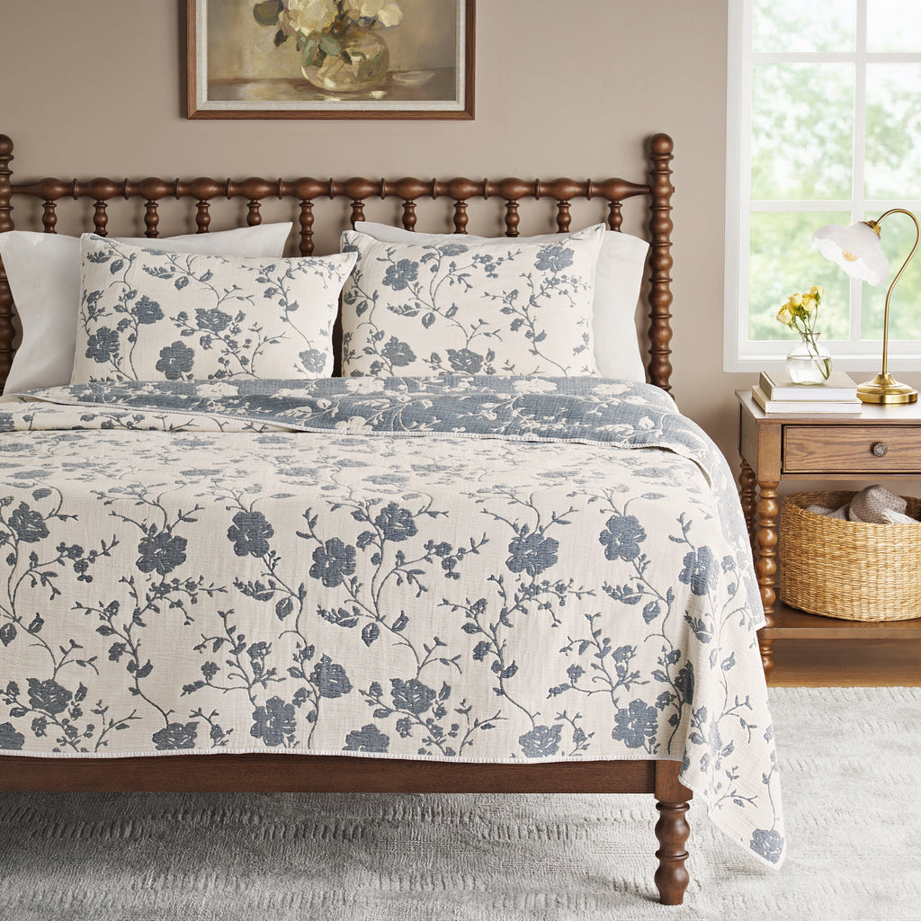Homesteada™ Agatha Floral Gauze Quilt, Full/Queen, Blue Dust, Reversible Bedding