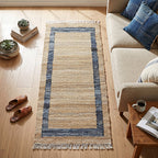 Homesteada™ Denim Jute Runner Rug, Natural with Blue Border, 30 x 96 Inches