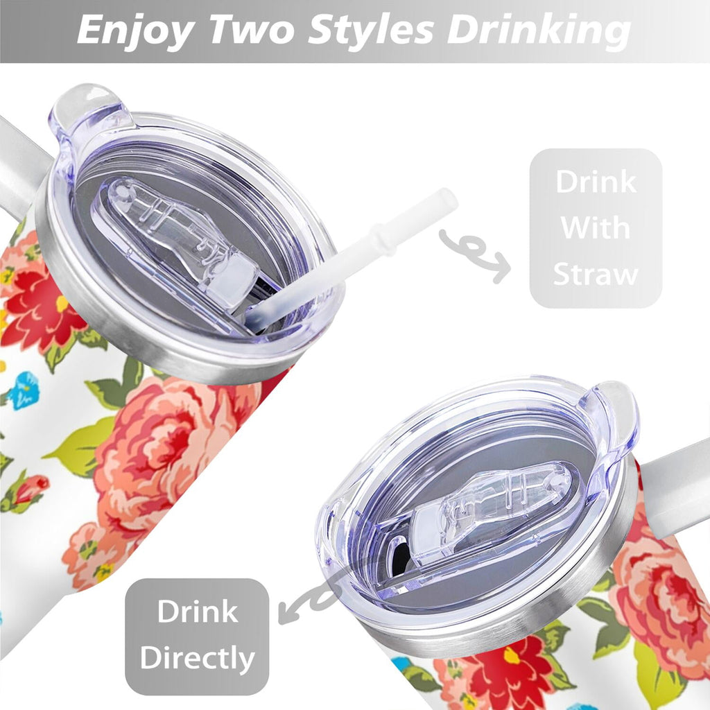 Homesteada™ 40 Oz Tumbler with Handle Lid and Straw Vintage Floral Women Stainless Steel Travel Mug Double Walled Vacuum Insulated Cup, Christmas Birthday Gifts for Indoor Outdoor Sports