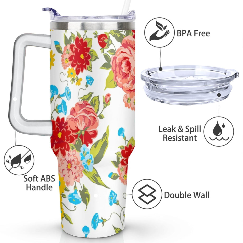 Homesteada™ 40 Oz Tumbler with Handle Lid and Straw Vintage Floral Women Stainless Steel Travel Mug Double Walled Vacuum Insulated Cup, Christmas Birthday Gifts for Indoor Outdoor Sports