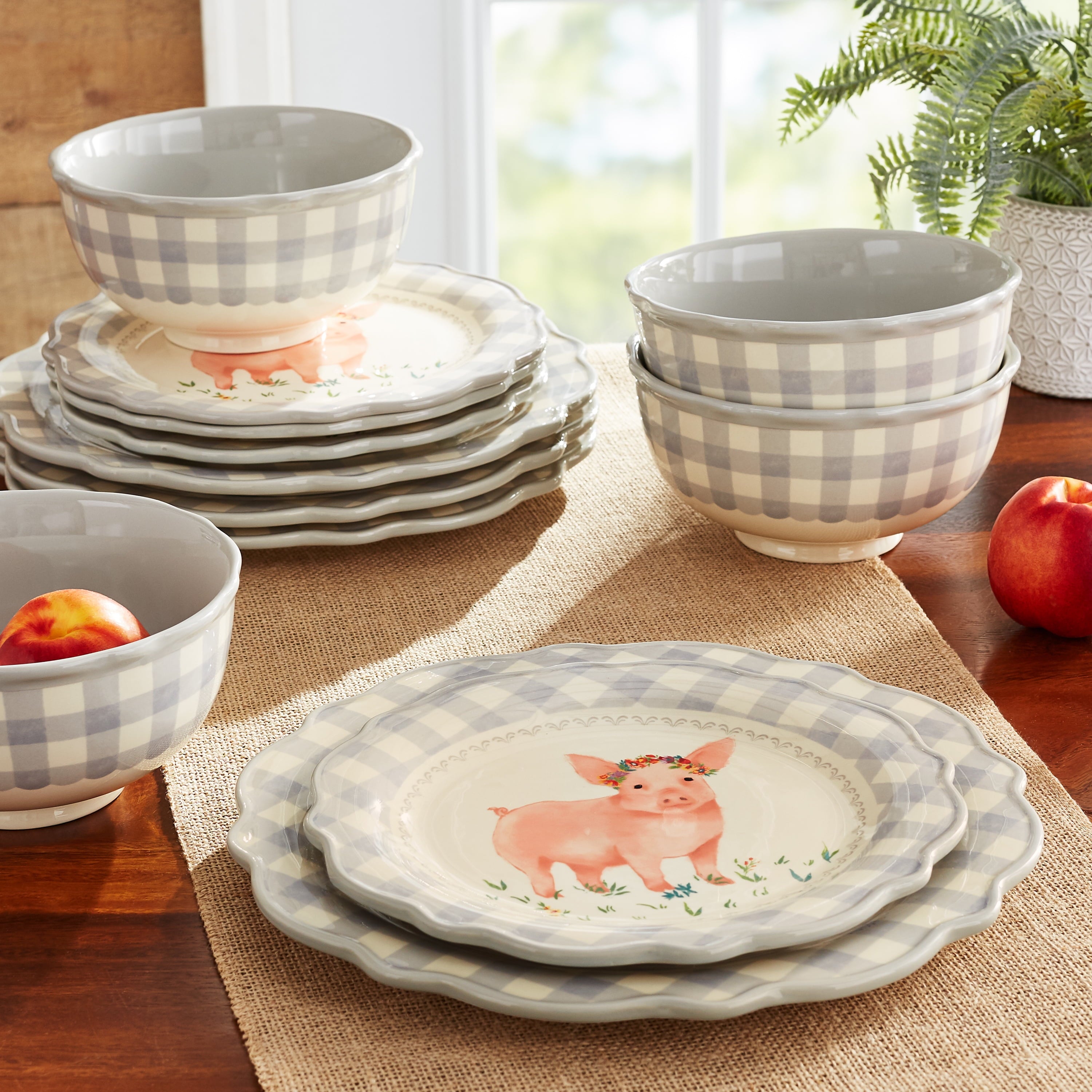 Homesteada™ Gingham 12-Piece Ceramic Dinnerware Set, Gray