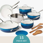 Homesteada™ Harlow 15-Piece Cookware Set, Ceramic Non-Stick Pots and Pans Set, Denim Blue