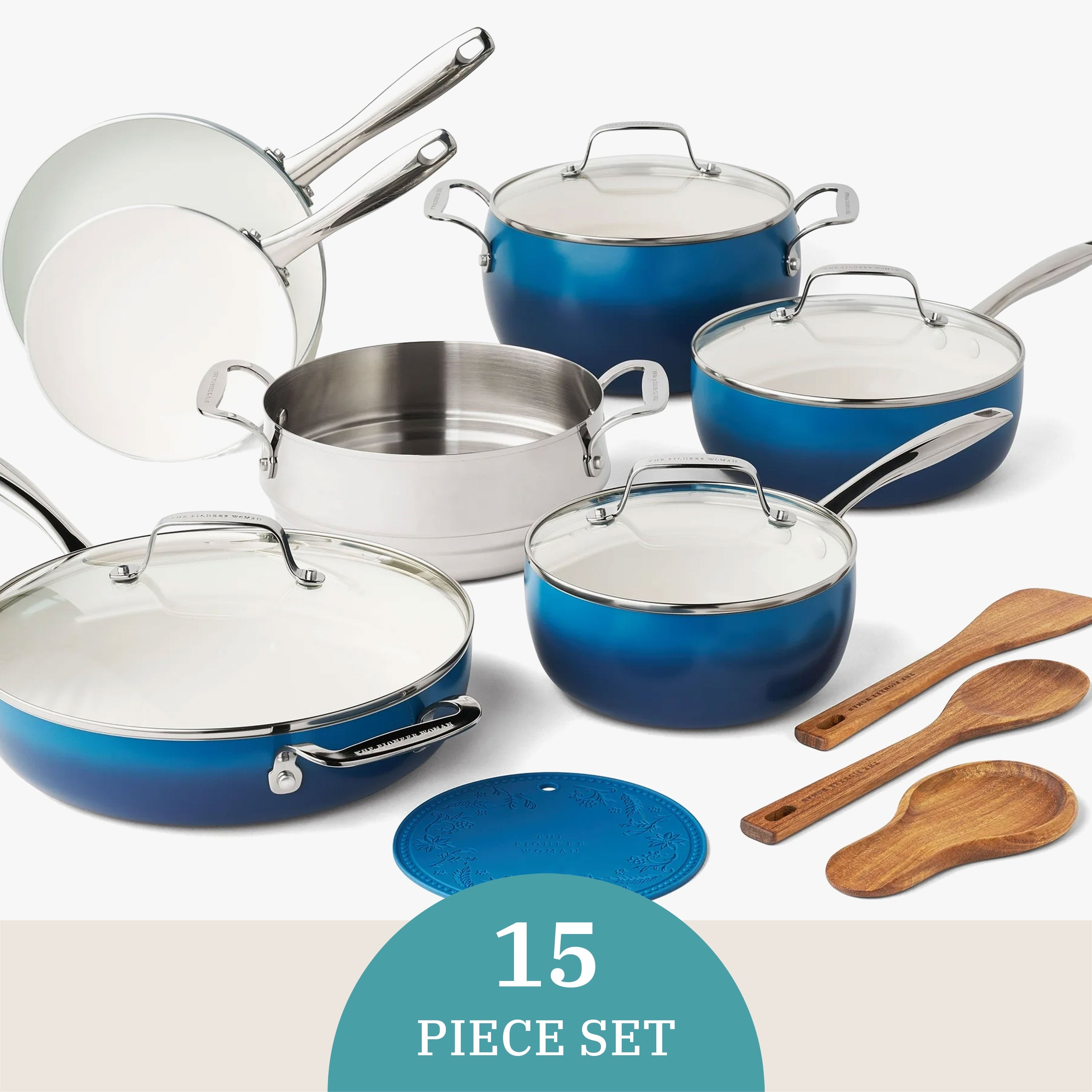 Homesteada™ Harlow 15-Piece Cookware Set, Ceramic Non-Stick Pots and Pans Set, Denim Blue