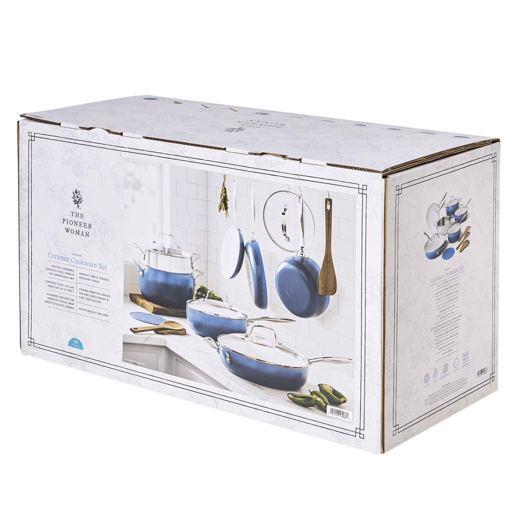 Homesteada™ Harlow 15-Piece Cookware Set, Ceramic Non-Stick Pots and Pans Set, Denim Blue