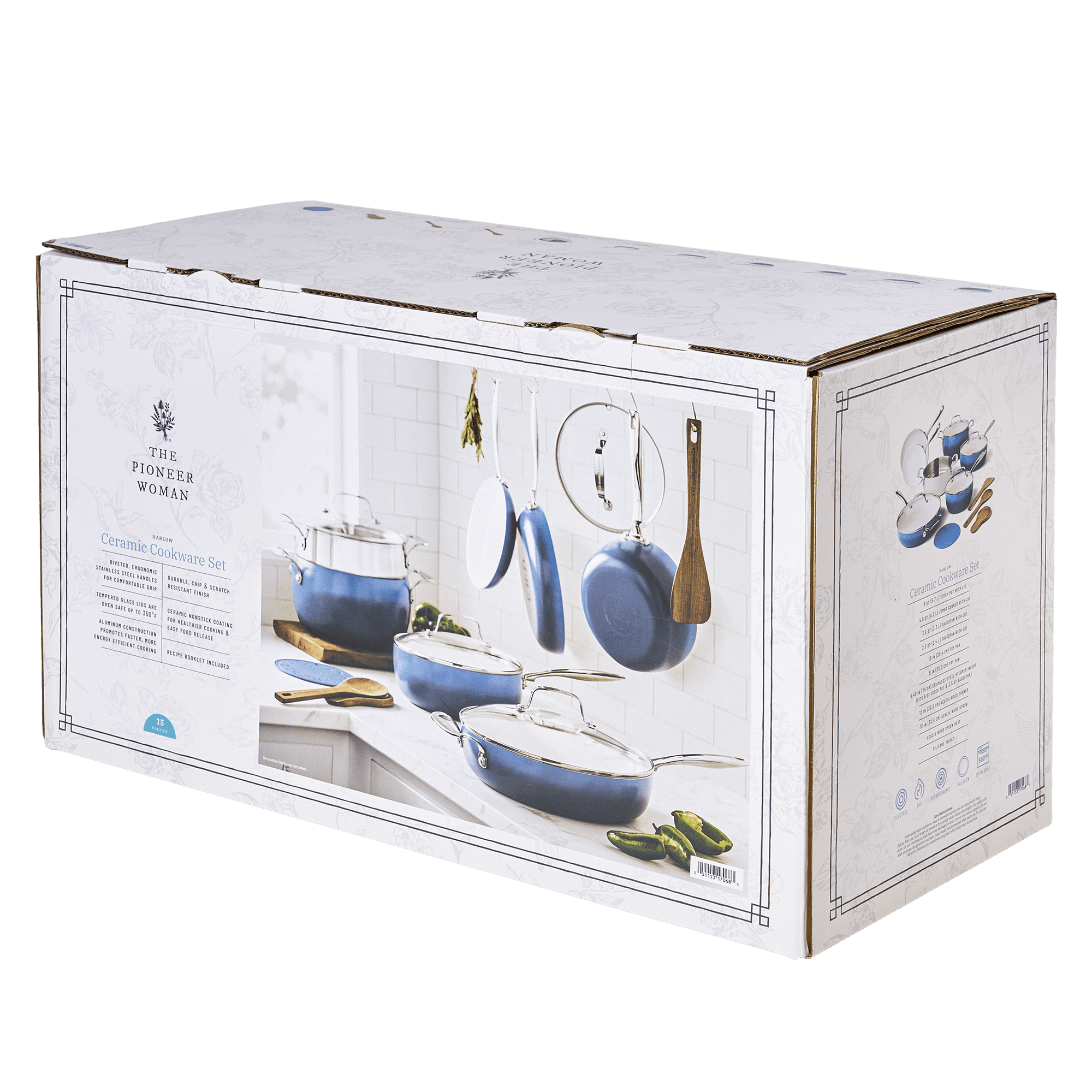 Homesteada™ Harlow 15-Piece Cookware Set, Ceramic Non-Stick Pots and Pans Set, Denim Blue