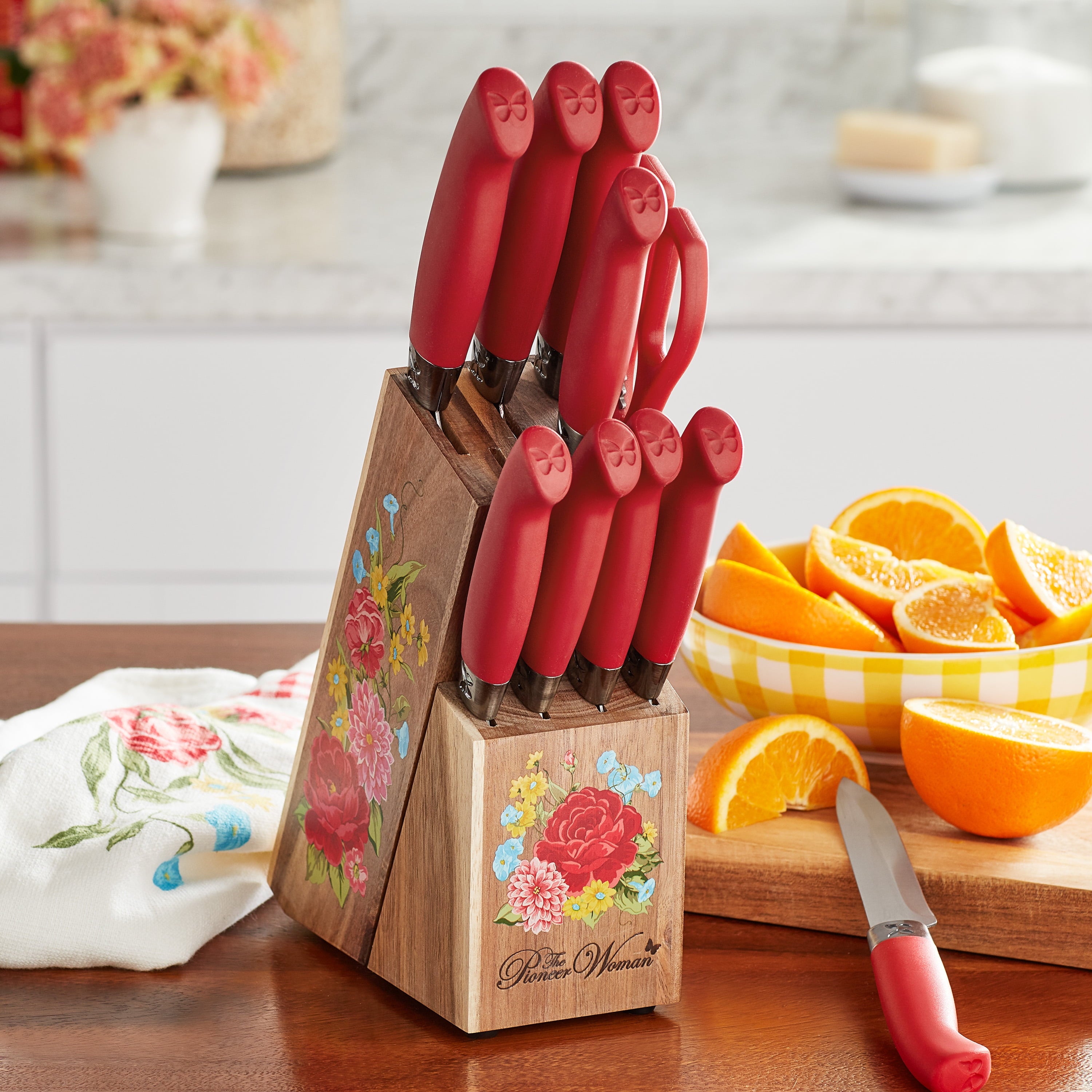 Homesteada™ Sweet Rose 11-Piece Stainless Steel Knife Block Set, Red