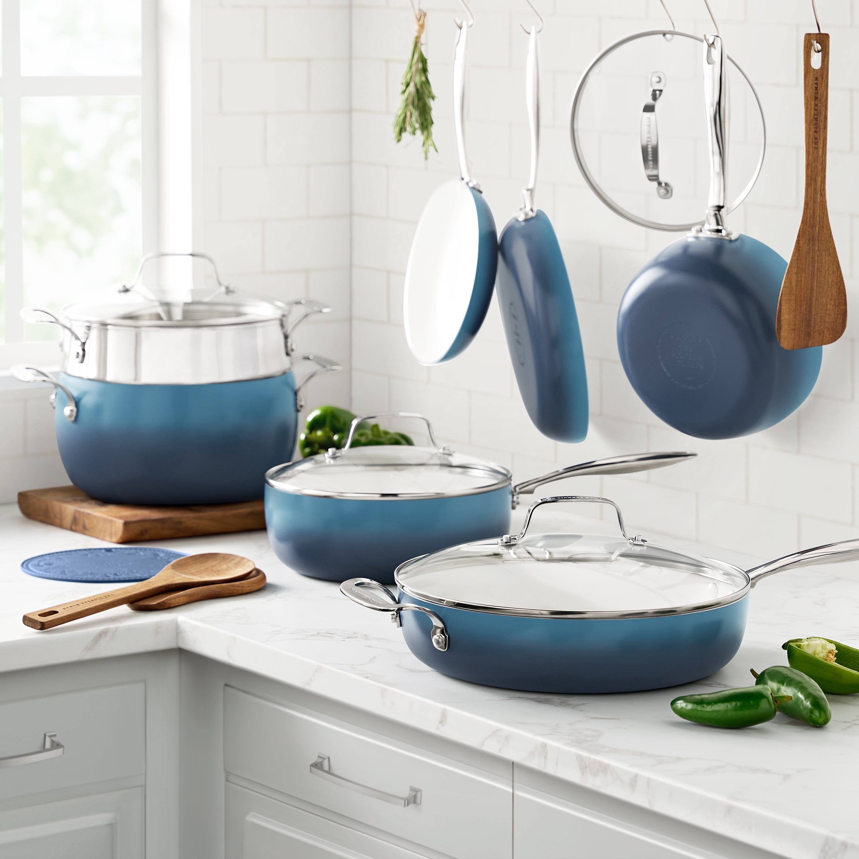 Homesteada™ Harlow 15-Piece Cookware Set, Ceramic Non-Stick Pots and Pans Set, Denim Blue