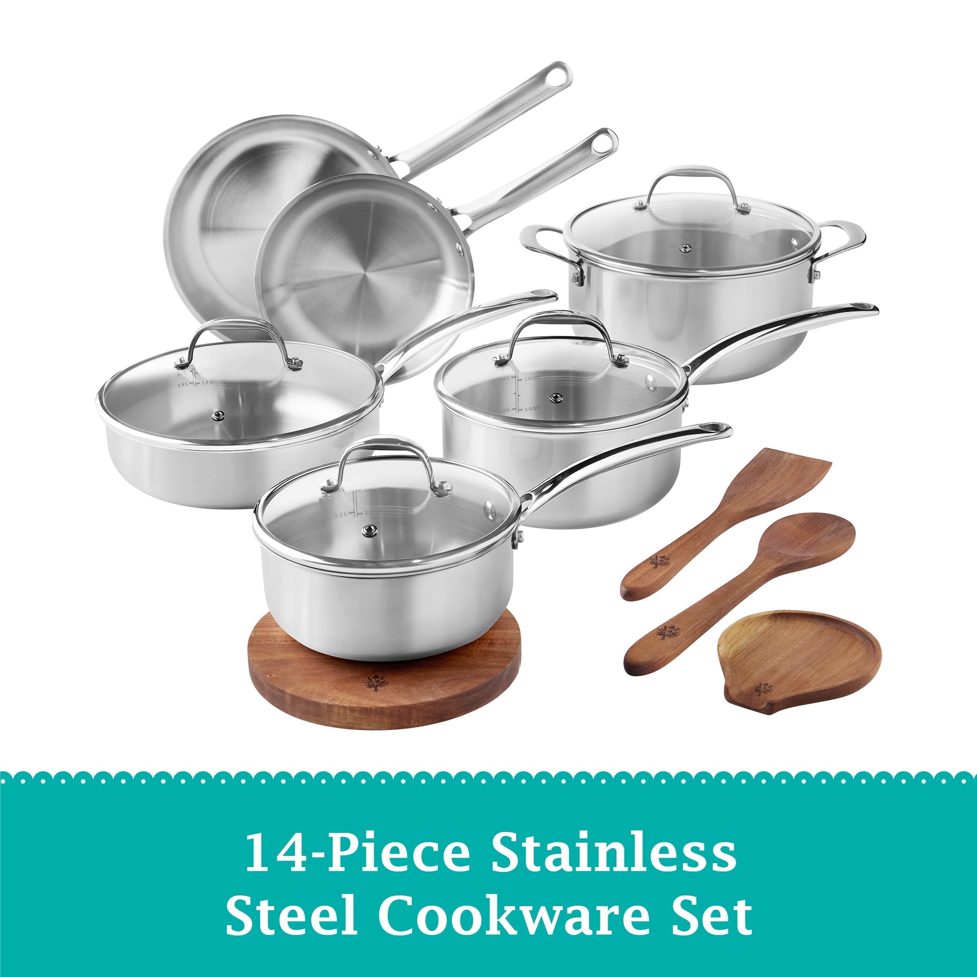 Homesteada™ 14-Piece Stainless Steel Cookware Set, Cooking Pots and Pans Set with Kitchen Utensils