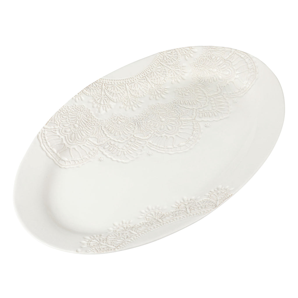 Homesteada™ Vintage Lace 20-inch Stoneware Oval Serving Tray Platter, White