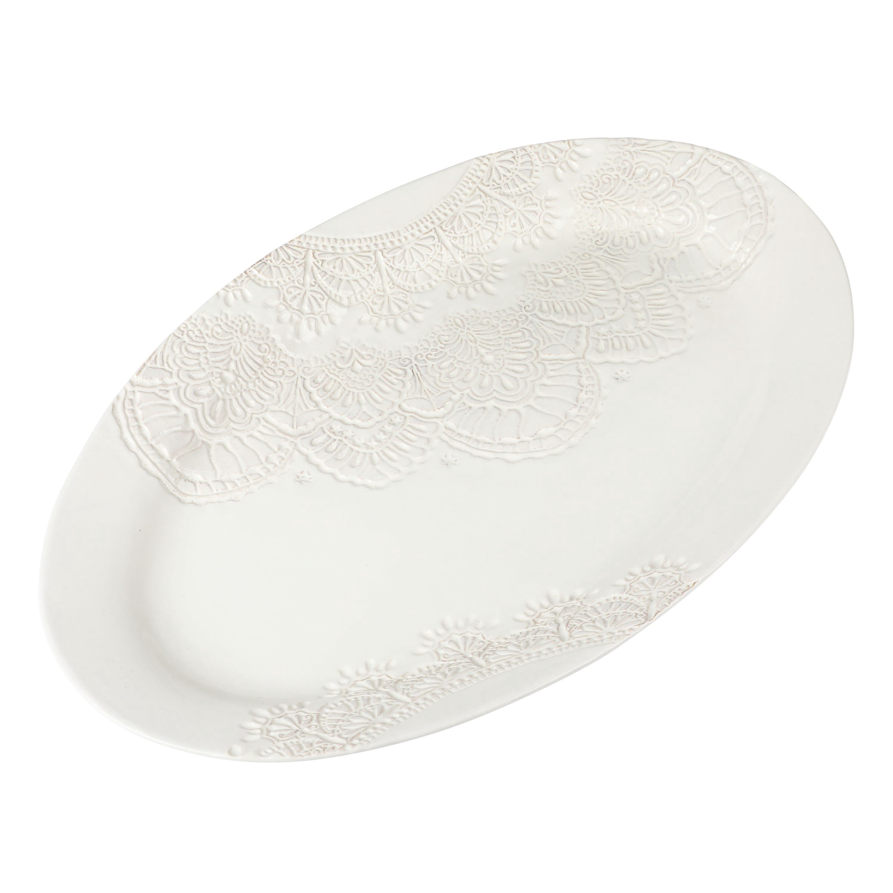 Homesteada™ Vintage Lace 20-inch Stoneware Oval Serving Tray Platter, White