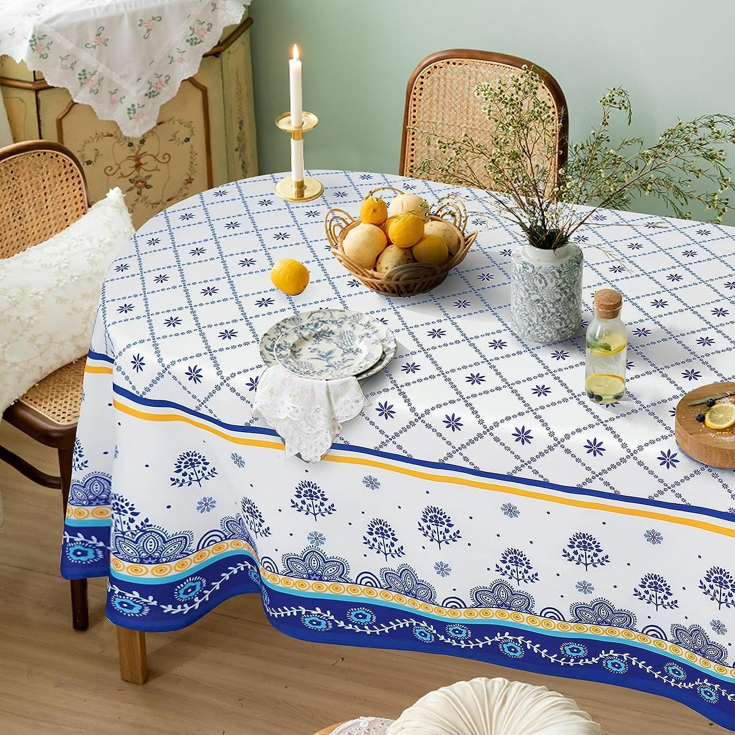 Homesteada™ Polish Pottery Style Tablecloth, Blue Ceramic Table Cloth, Farmhouse Tablecover for Oval Tables 60 x 84, Perfect for Kitchen Dinner, Restaurant,Holiday Picnic Party Table Cover