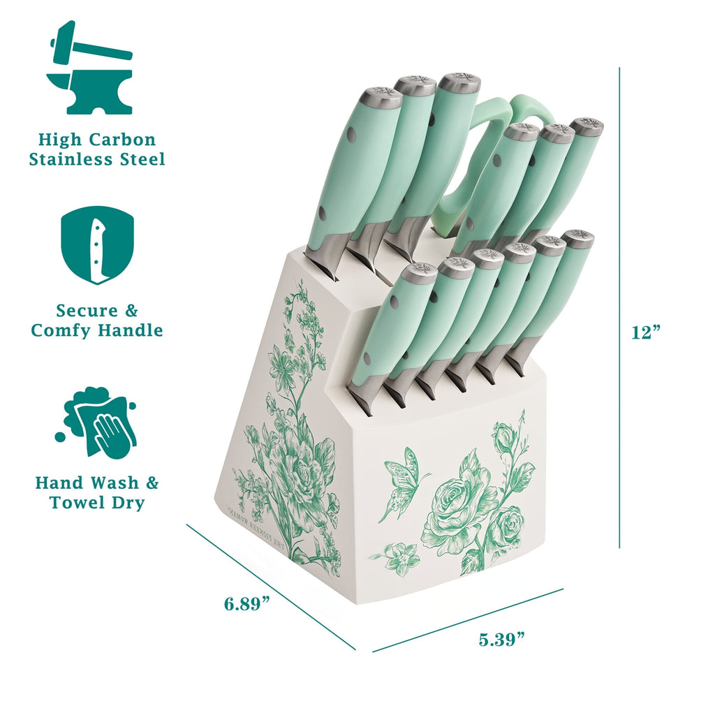 Homesteada™ 14 Pieces Knife Set with Decal Block Stainless Steel Knives, Forged, Green Agatha