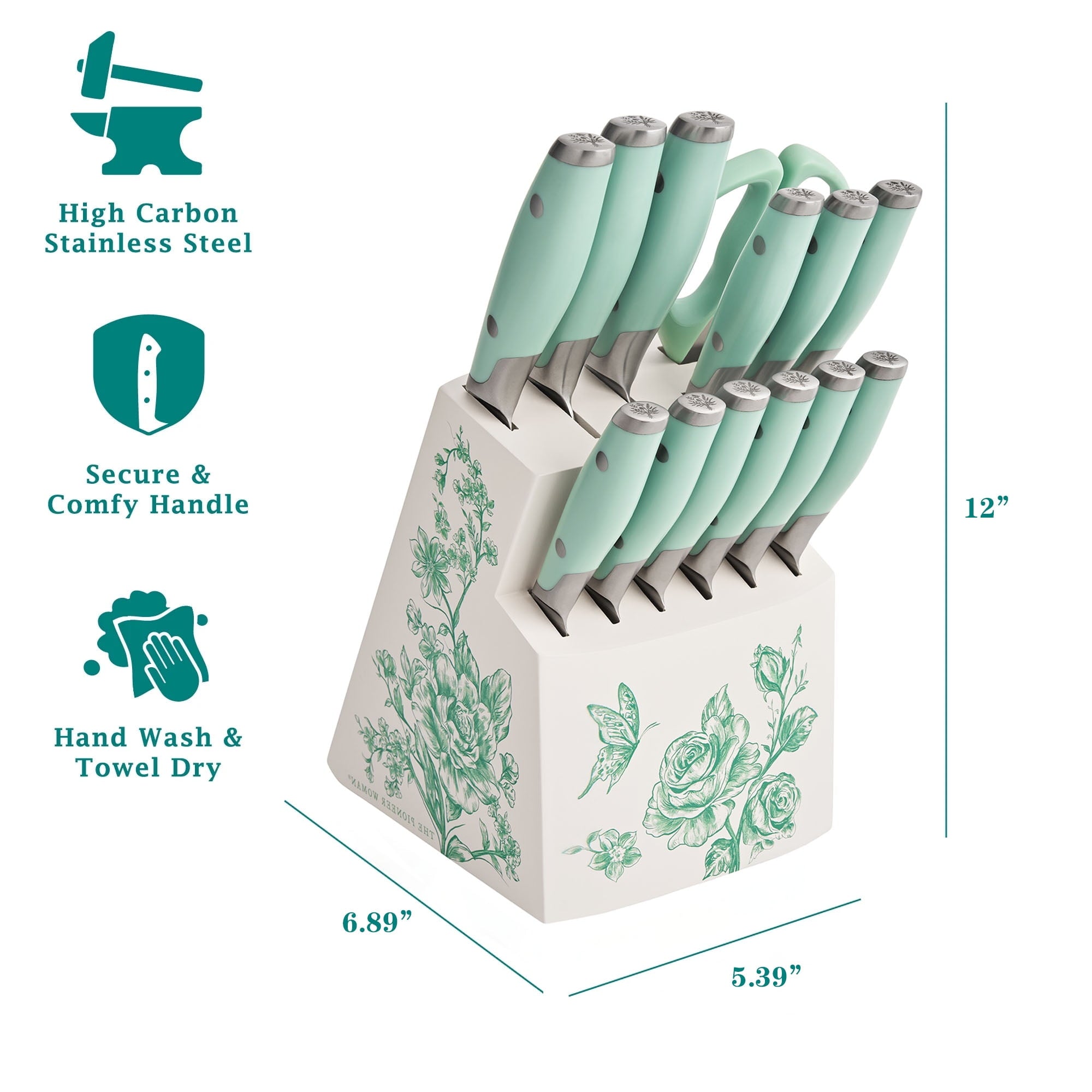 Homesteada™ 14 Pieces Knife Set with Decal Block Stainless Steel Knives, Forged, Green Agatha