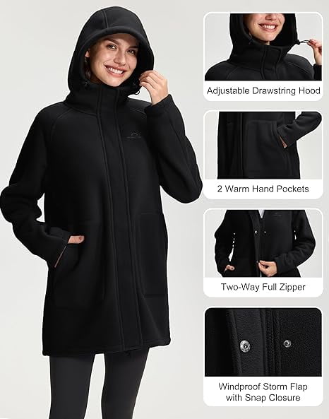 Homesteada™ Heritage Country Camp Women's Long Fleece Jacket Thermal Sherpa Lined Full Zip Up Hoodies with Pockets Causual Warm Winter Coat