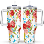Homesteada™ 40 Oz Tumbler with Handle Lid and Straw Vintage Floral Women Stainless Steel Travel Mug Double Walled Vacuum Insulated Cup, Christmas Birthday Gifts for Indoor Outdoor Sports