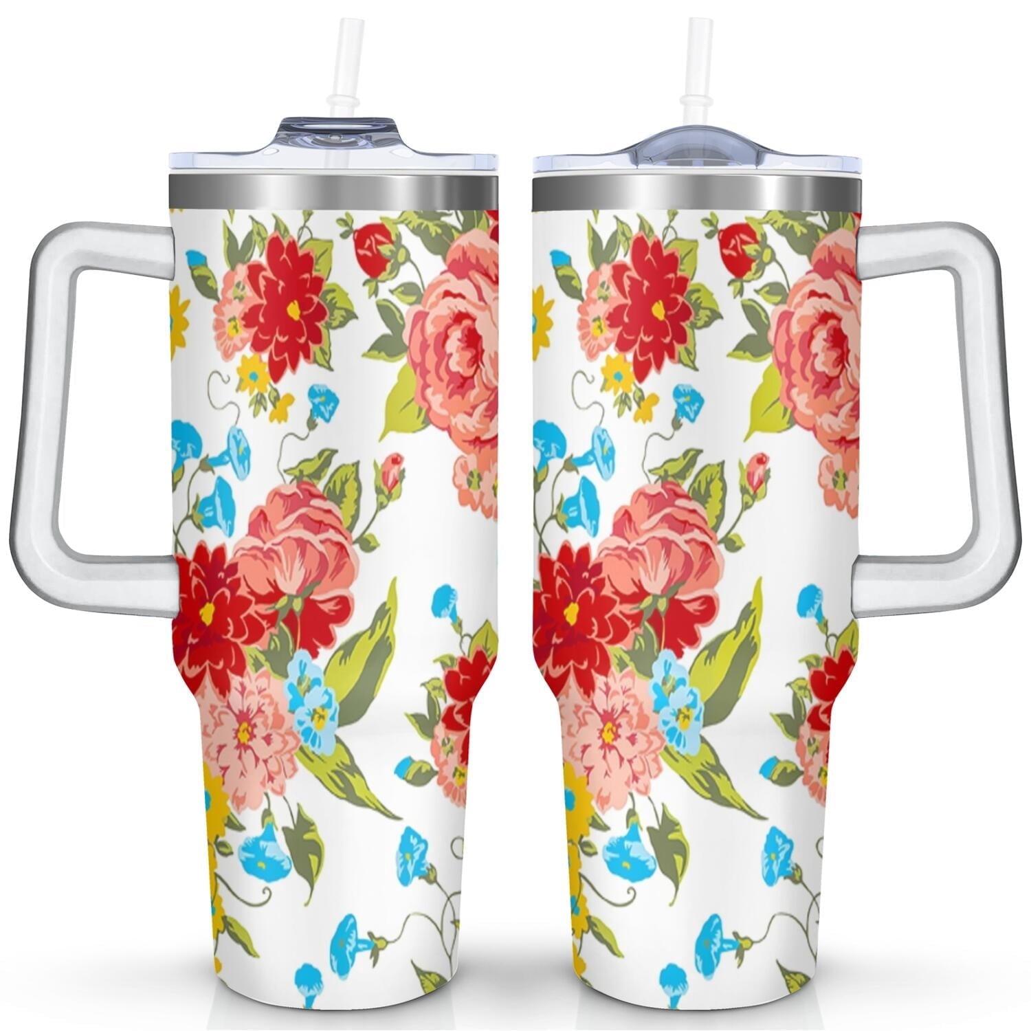 Homesteada™ 40 Oz Tumbler with Handle Lid and Straw Vintage Floral Women Stainless Steel Travel Mug Double Walled Vacuum Insulated Cup, Christmas Birthday Gifts for Indoor Outdoor Sports