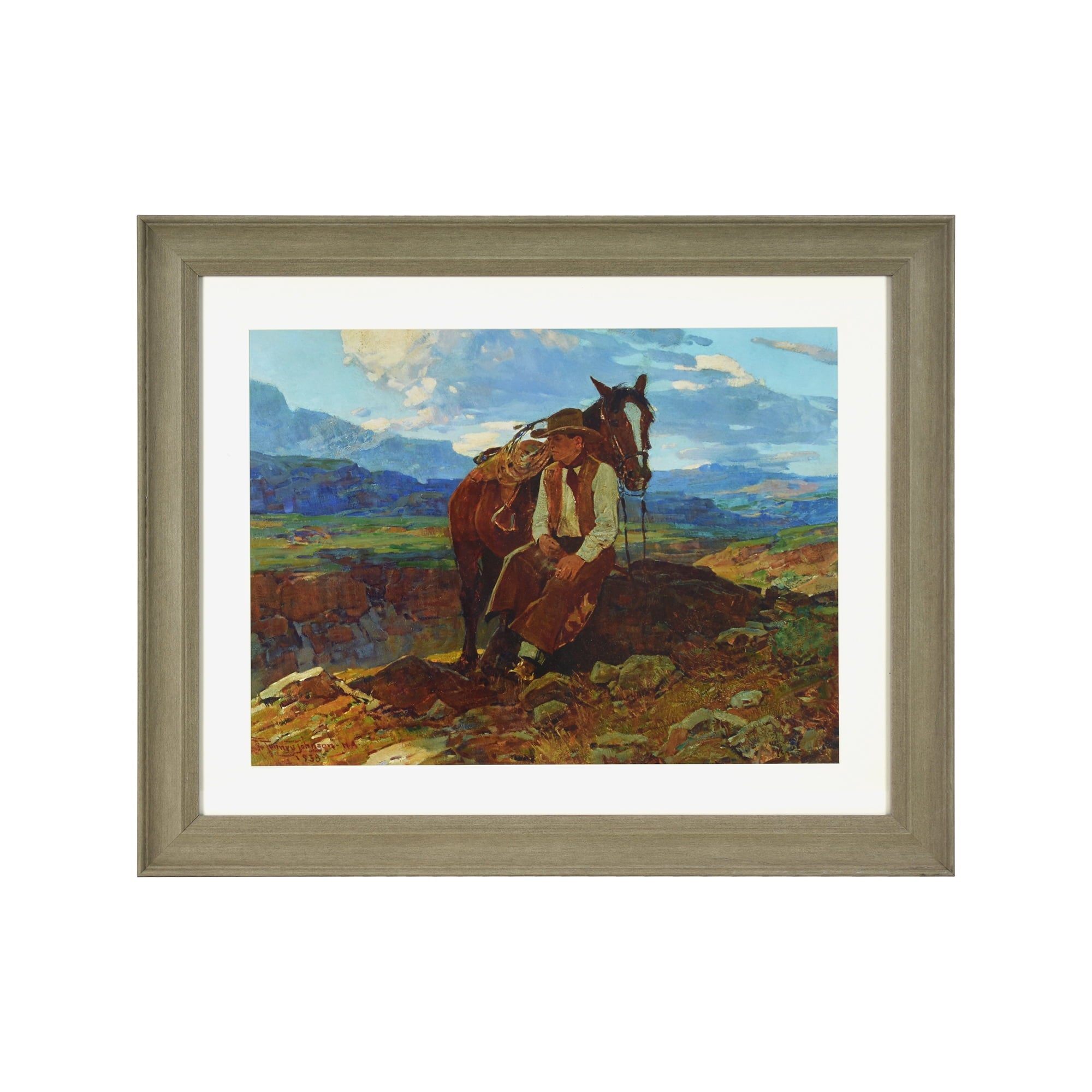 Homesteada™ Frank Tenney Johnson "An Idle Dreamer" Framed Western Wall Art Print, Cowboy and Horse Landscape Artwork, Matted Rustic Ranch Decor, Ready to Hang Framed Art for Living Room