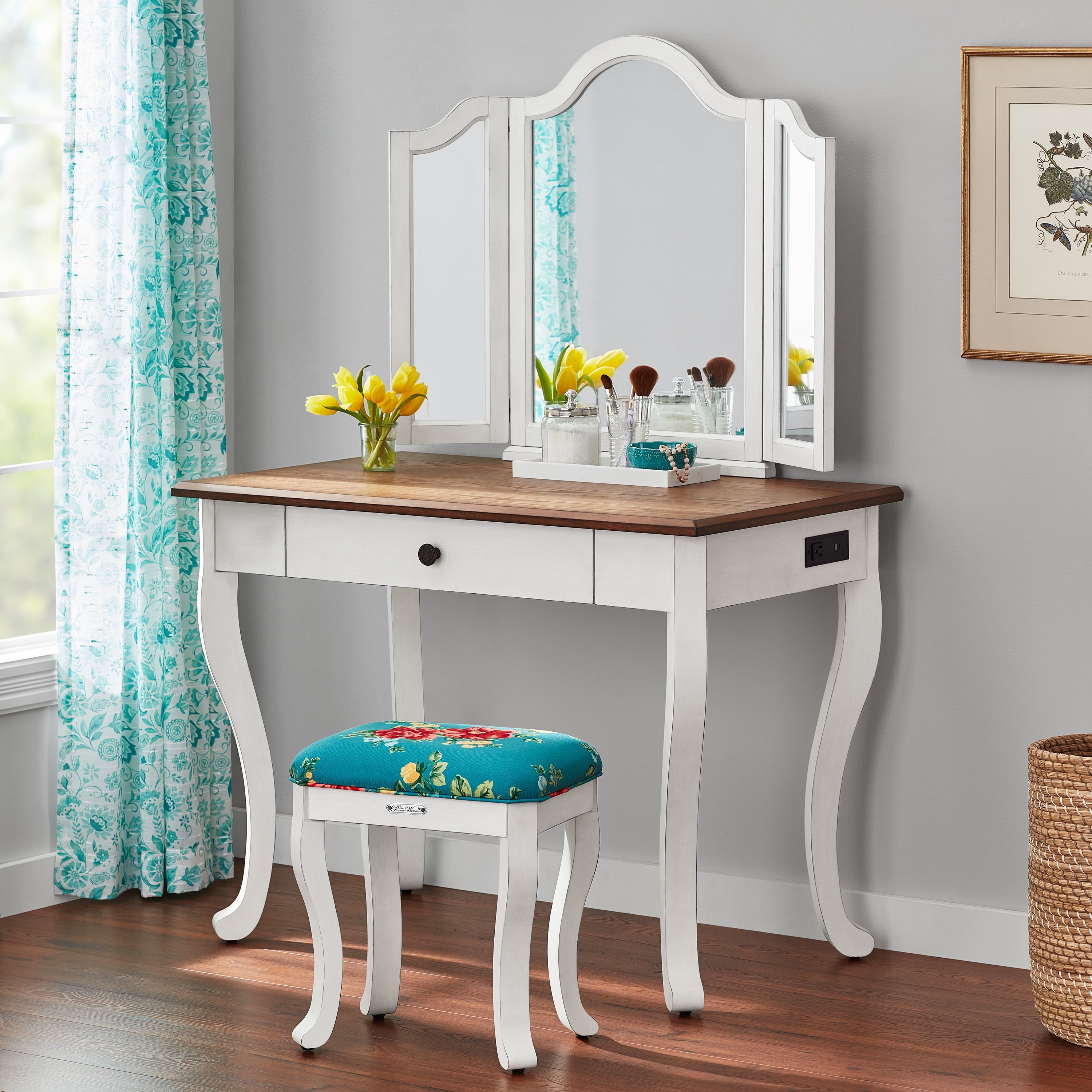 Homesteada™ Vanity Set and Stool with Tri-Fold Mirror and Made With Solid Wood Frame, White