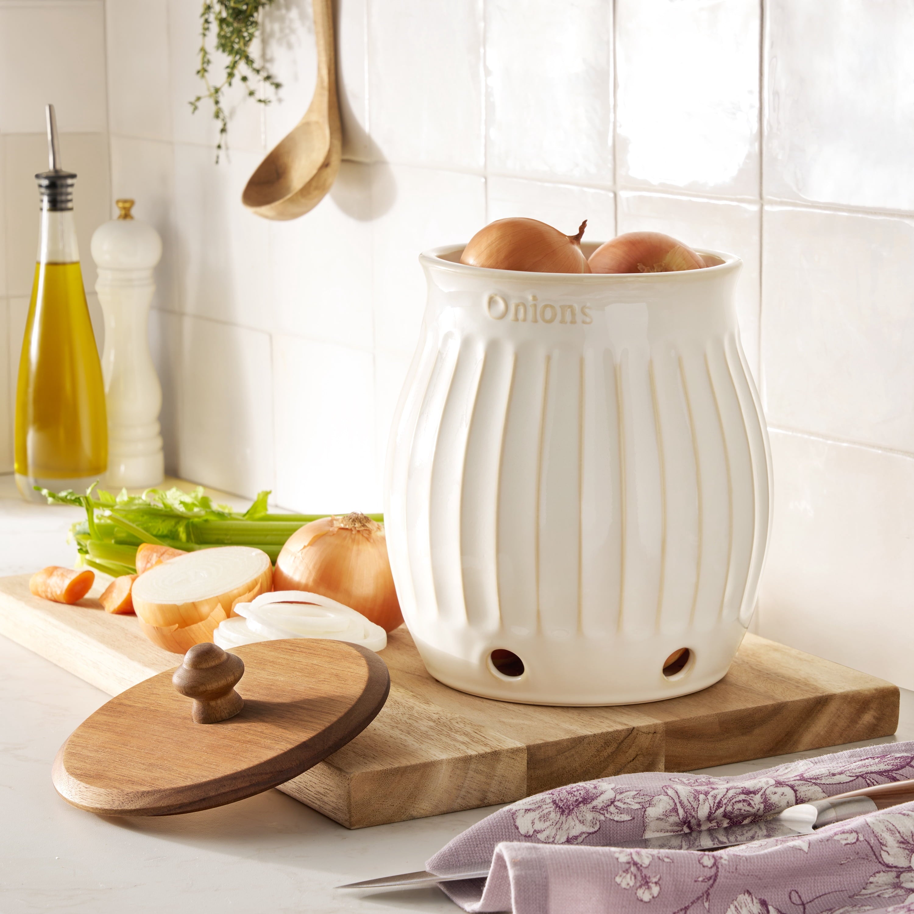 Homesteada™ Colette Stoneware Onion Keeper, White
