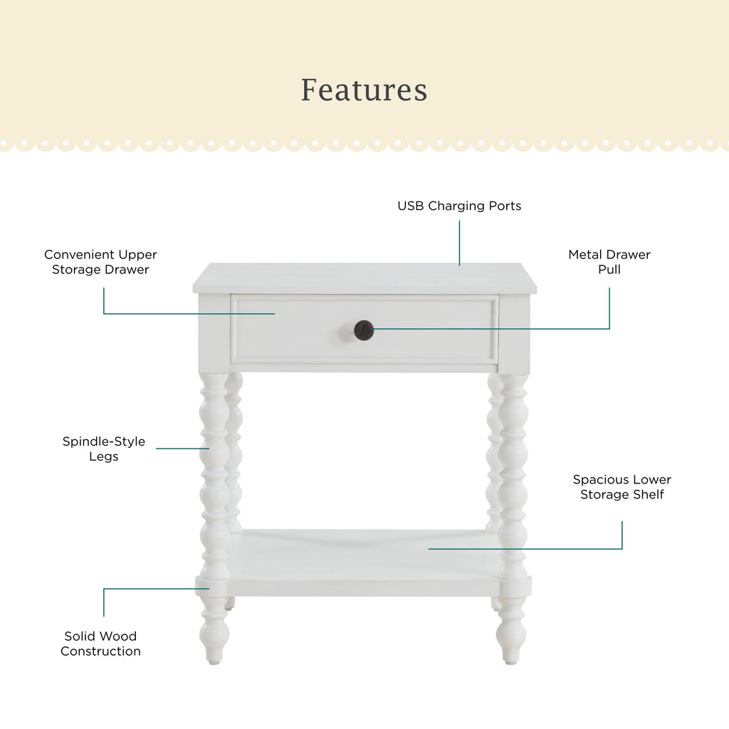 Homesteada™ Harper Spindle Nightstand with USB Charging Ports, Adults and Teens, White Finish