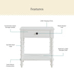 Homesteada™ Harper Spindle Nightstand with USB Charging Ports, Adults and Teens, White Finish