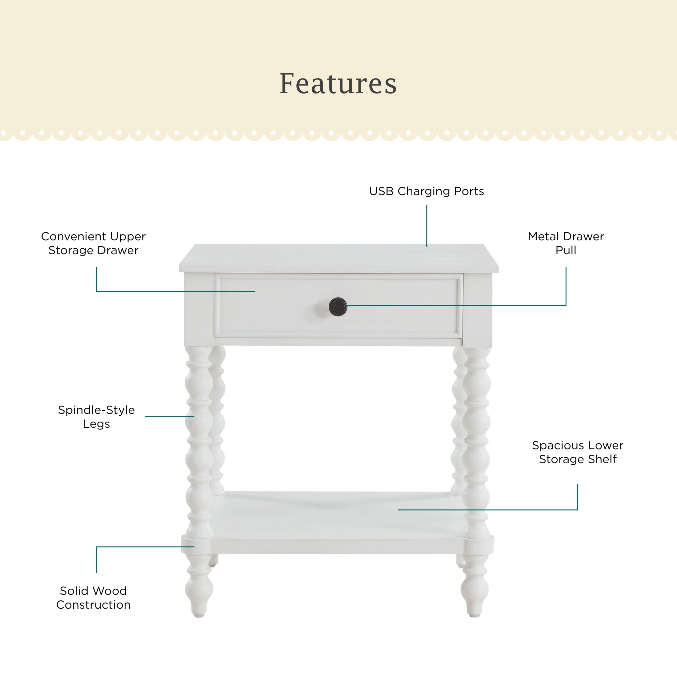 Homesteada™ Harper Spindle Nightstand with USB Charging Ports, Adults and Teens, White Finish