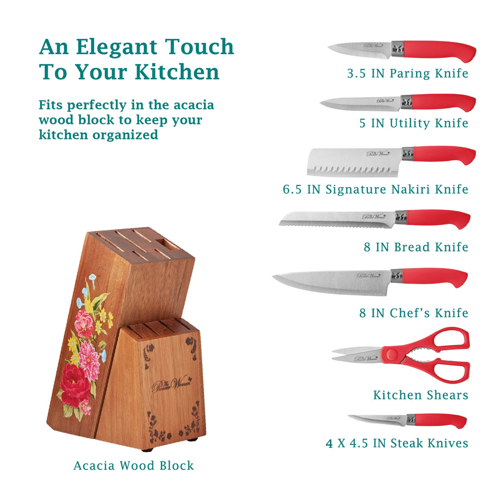 Homesteada™ Sweet Rose 11-Piece Stainless Steel Knife Block Set, Red
