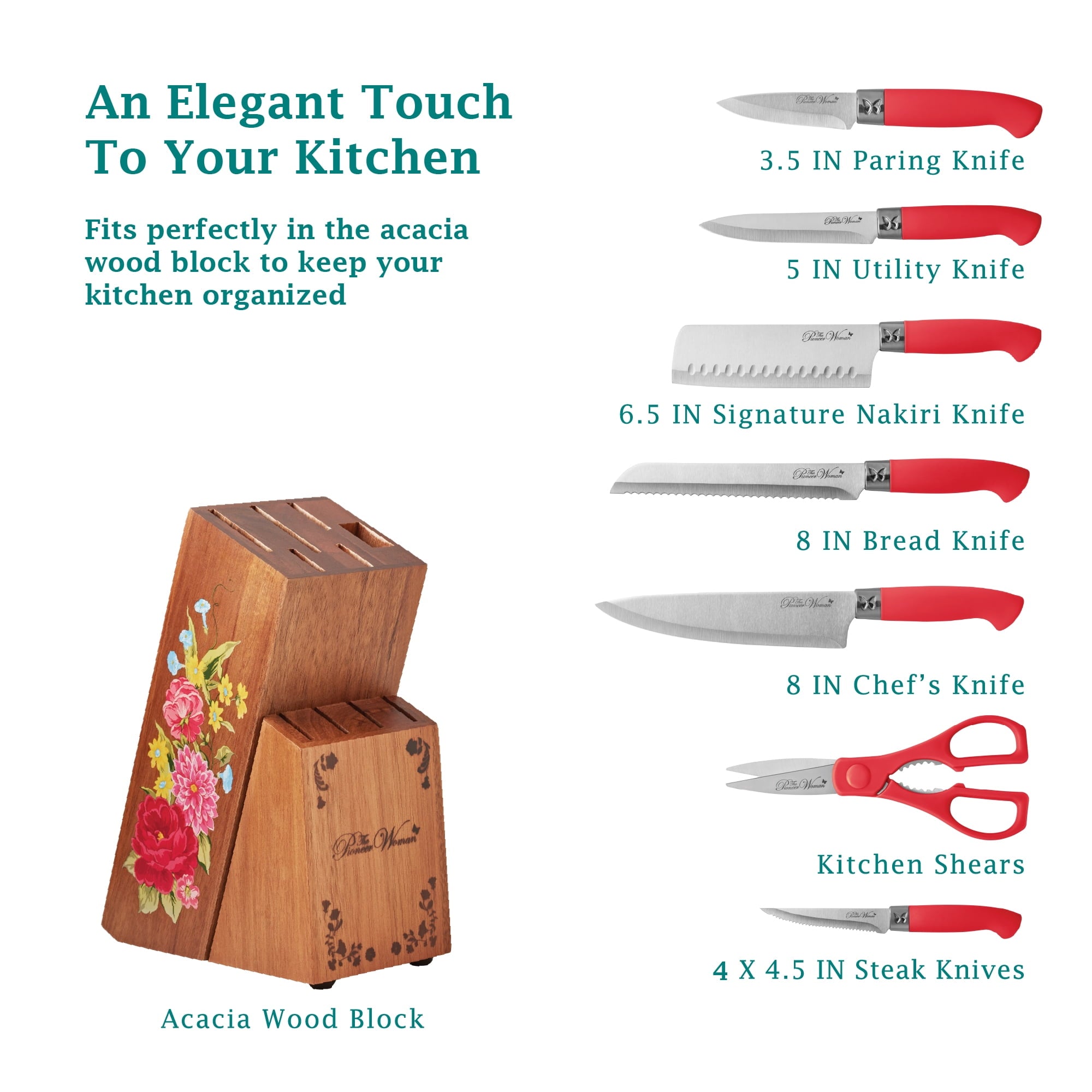 Homesteada™ Sweet Rose 11-Piece Stainless Steel Knife Block Set, Red