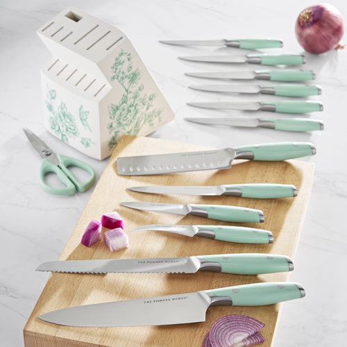 Homesteada™ 14 Pieces Knife Set with Decal Block Stainless Steel Knives, Forged, Green Agatha