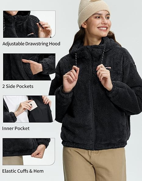 Homesteada™ Heritage Country Camp Women's Fuzzy Fleece Jacket Lightweight Full Zip Up Sherpa Jacket with Hood Warm Soft Fall Winter Coat Hoodie
