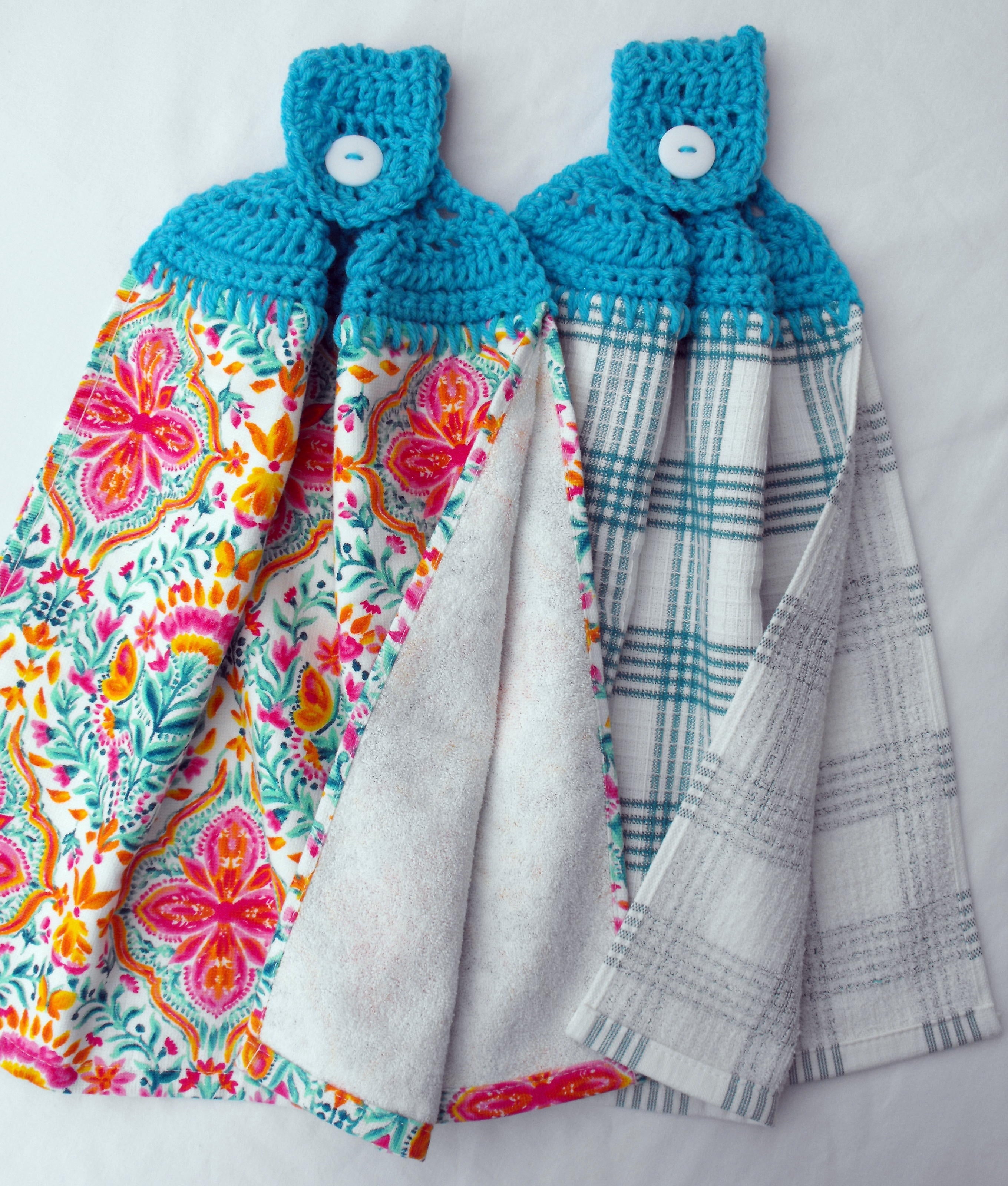 Homesteada™ Heritage Country FOLK GEO - 2 DOUBLE/FULL HANDMADE CROCHET TOP HANGING KITCHEN TOWEL - TURQUOISE TOPPER