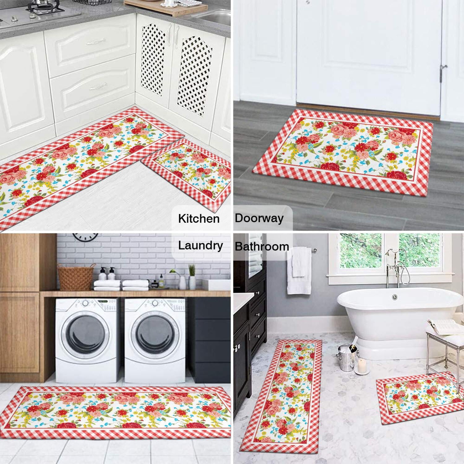 Homesteada™ Flower Kitchen Mat Sets 2 Piece Farmhouse Anti Fatigue Waterproof Stain Resistant Floor Rug Non Slip Homesteada™ Vintage Floral Kitchen Laundry Room Rug - 17x30+17x47Inch