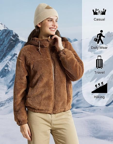 Homesteada™ Heritage Country Camp Women's Fuzzy Fleece Jacket Lightweight Full Zip Up Sherpa Jacket with Hood Warm Soft Fall Winter Coat Hoodie