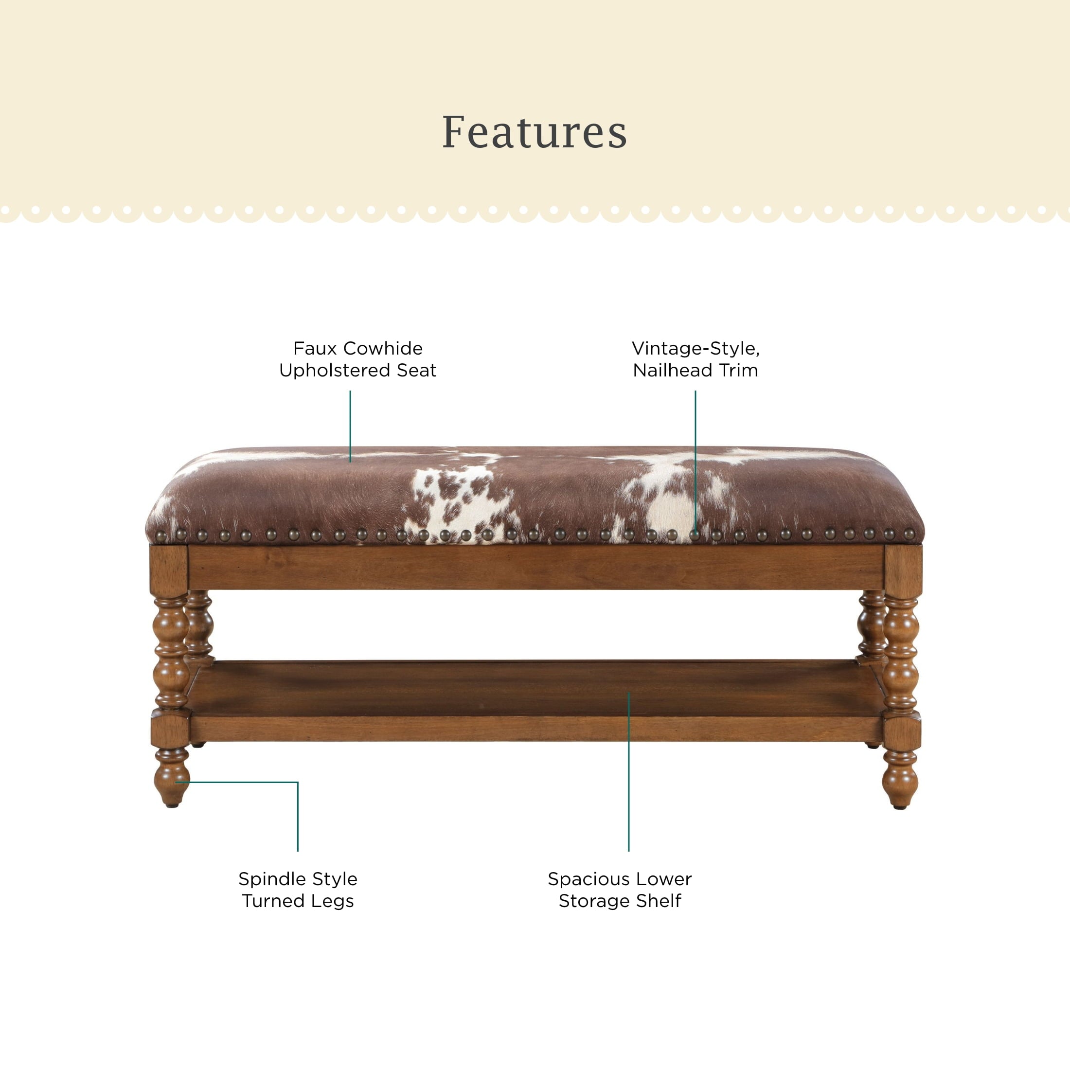 Homesteada™ Harper Bench, Faux Cowhide Fabric