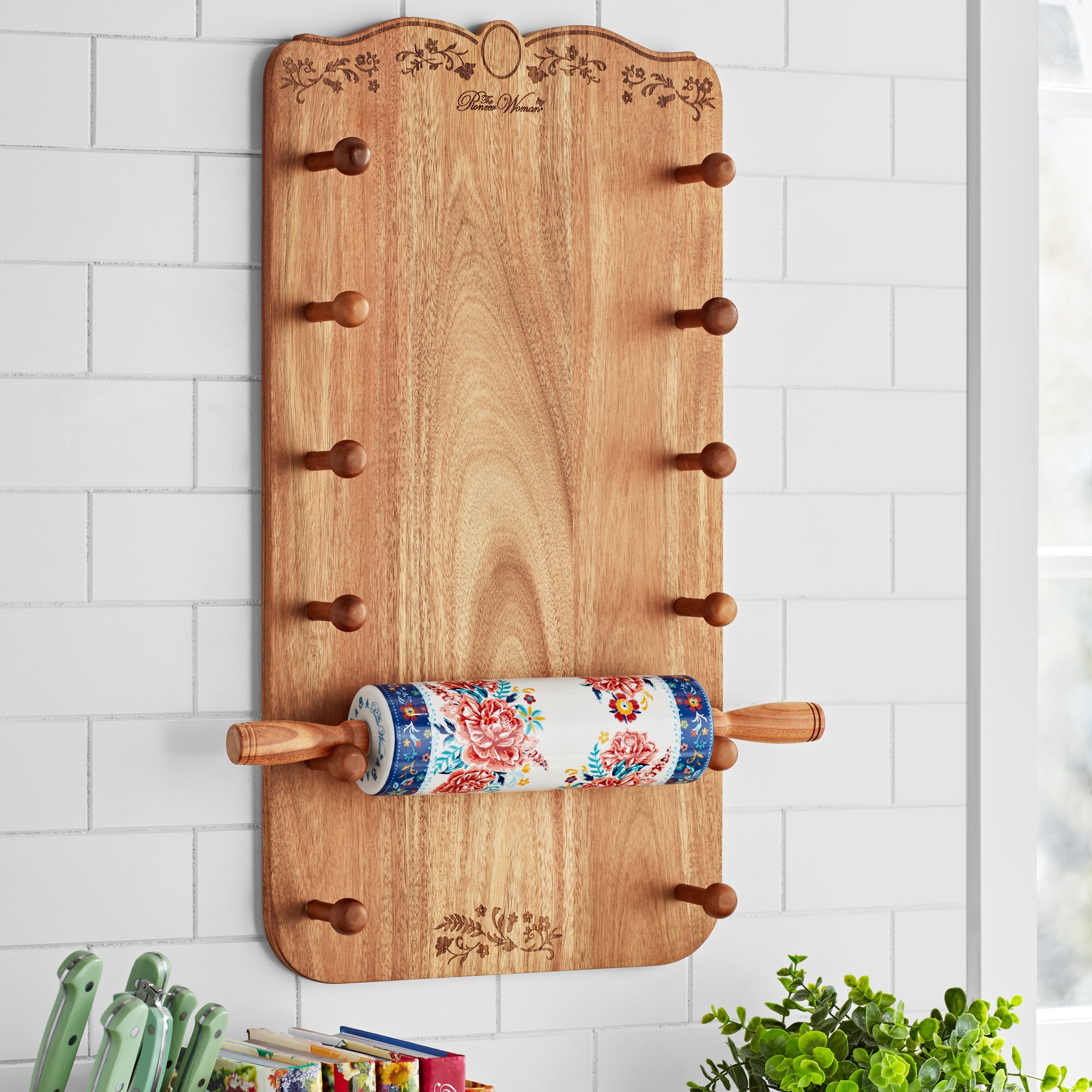Homesteada™ Keepsake Floral 17.7" Ceramic Rolling Pin with Acacia Wood Holder