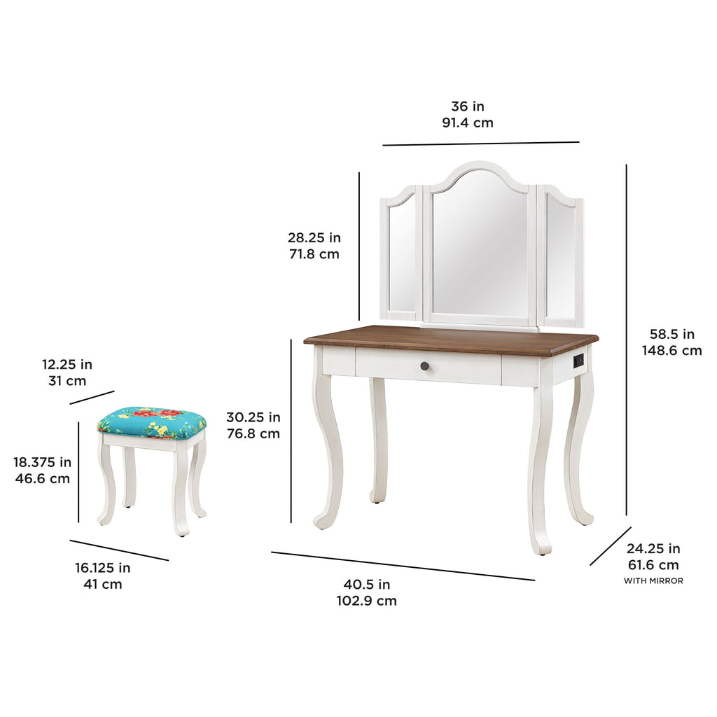 Homesteada™ Vanity Set and Stool with Tri-Fold Mirror and Made With Solid Wood Frame, White