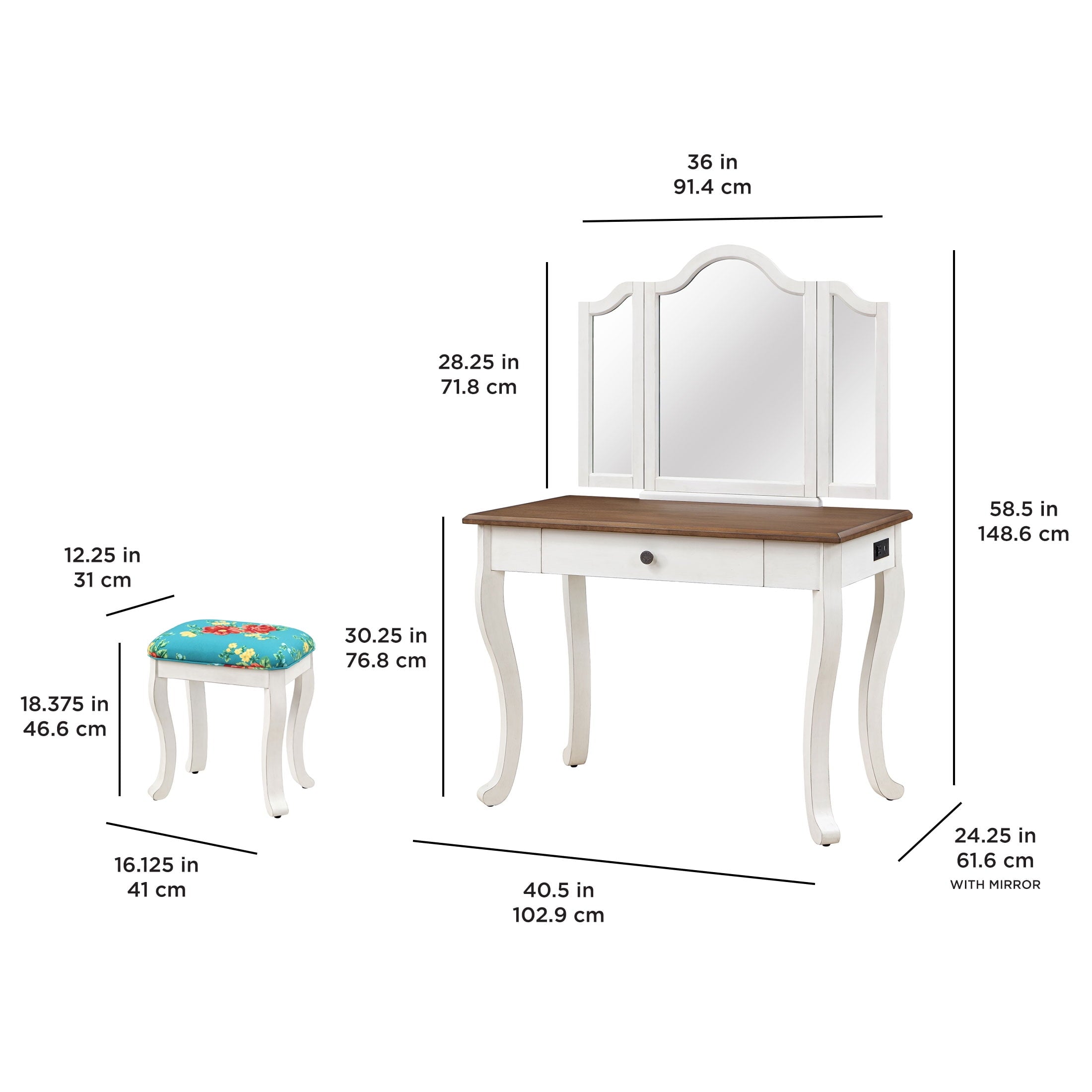 Homesteada™ Vanity Set and Stool with Tri-Fold Mirror and Made With Solid Wood Frame, White