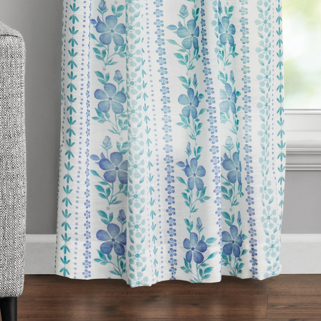 Homesteada™ Hattie Stripe 2 Pack Curtain Panel, BCI Cotton, Floral, Blue, RodPocket, 40" W x 84" L