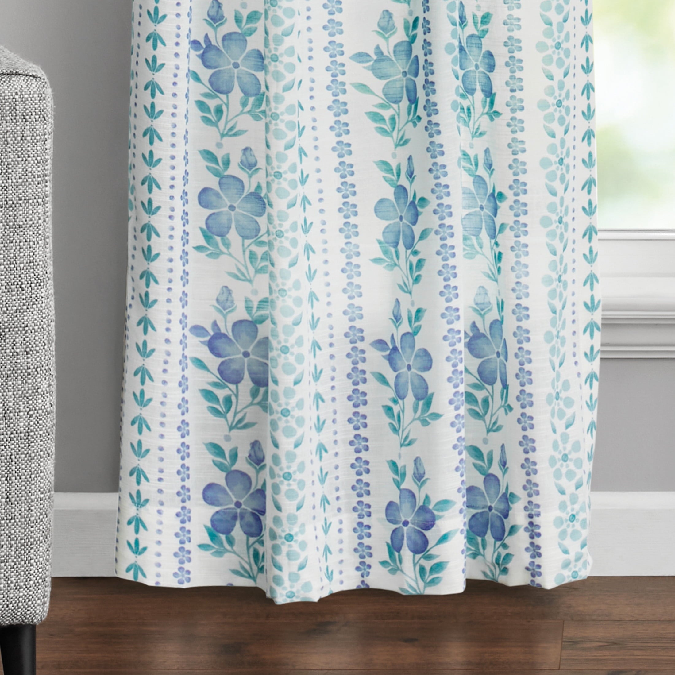 Homesteada™ Hattie Stripe 2 Pack Curtain Panel, BCI Cotton, Floral, Blue, RodPocket, 40" W x 84" L