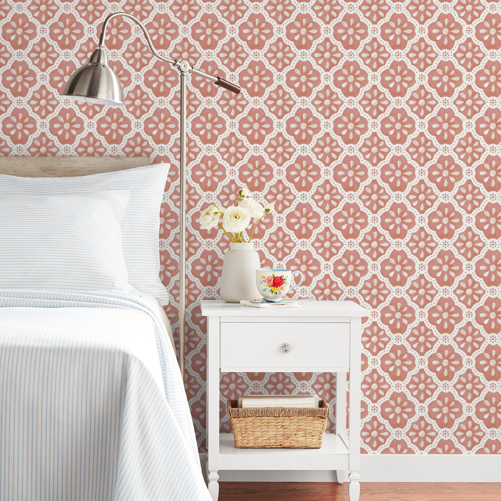 Homesteada™ Pink Salmon Washy Trellis Peel and Stick Wallpaper, 18" x 18.86'