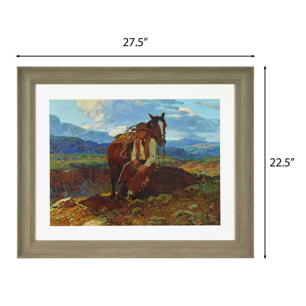 Homesteada™ Frank Tenney Johnson "An Idle Dreamer" Framed Western Wall Art Print, Cowboy and Horse Landscape Artwork, Matted Rustic Ranch Decor, Ready to Hang Framed Art for Living Room