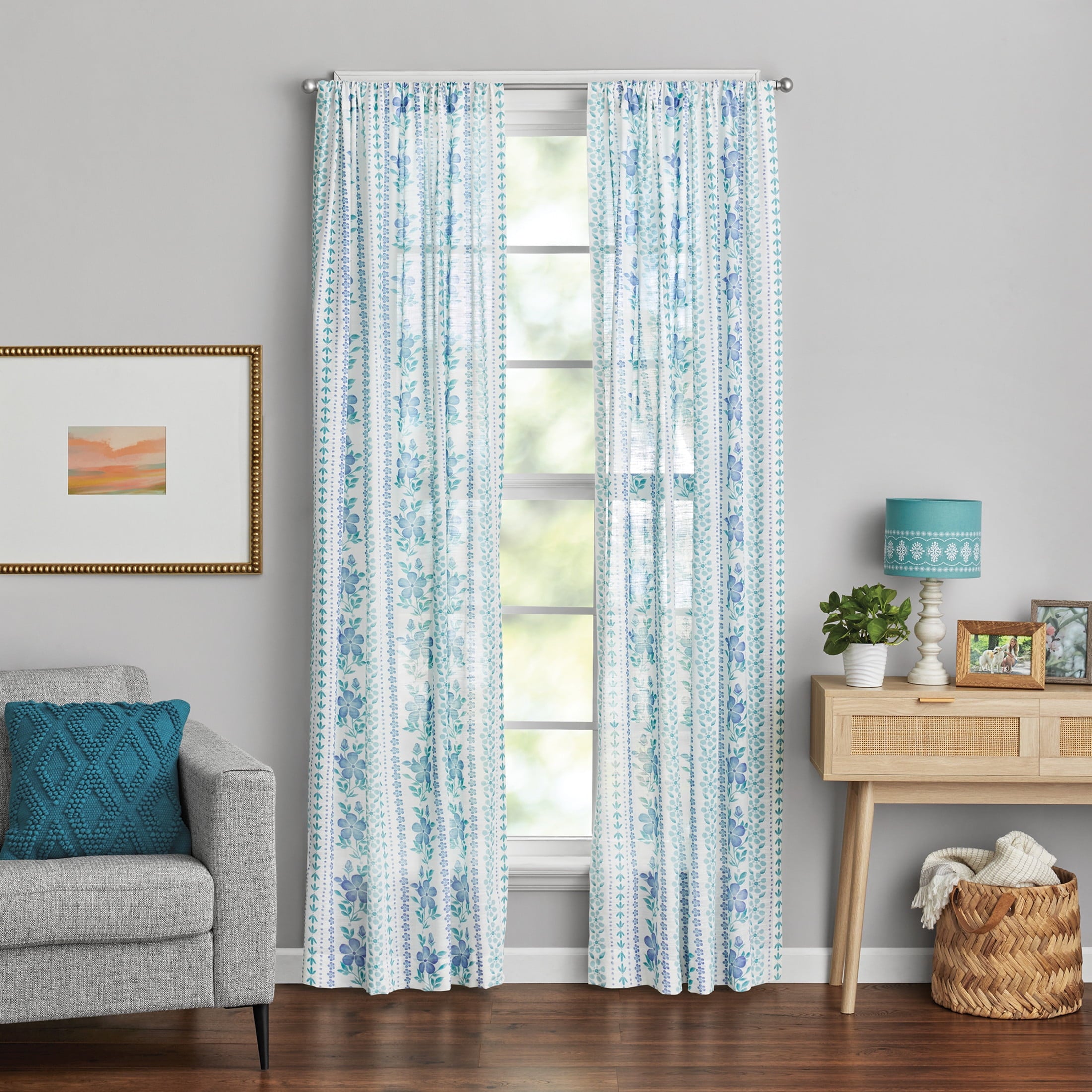 Homesteada™ Hattie Stripe 2 Pack Curtain Panel, BCI Cotton, Floral, Blue, RodPocket, 40" W x 84" L