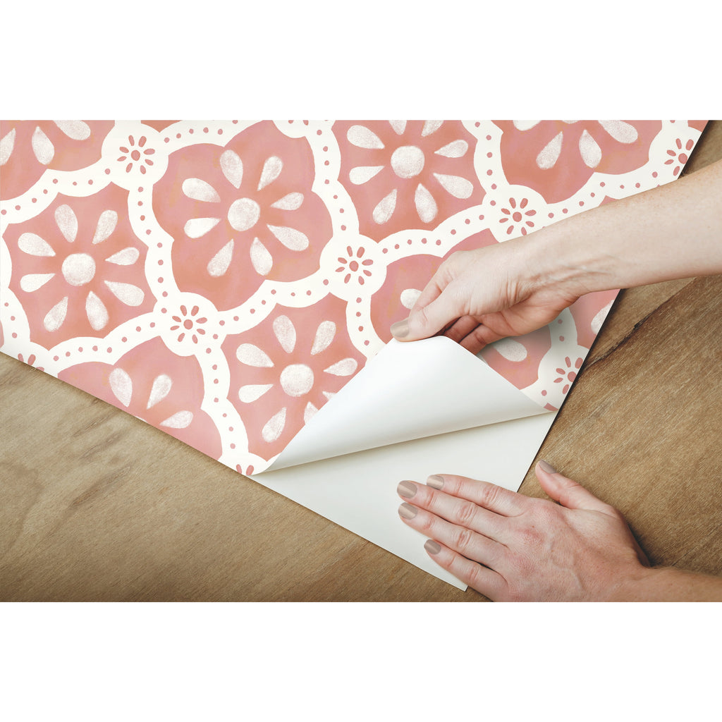 Homesteada™ Pink Salmon Washy Trellis Peel and Stick Wallpaper, 18" x 18.86'