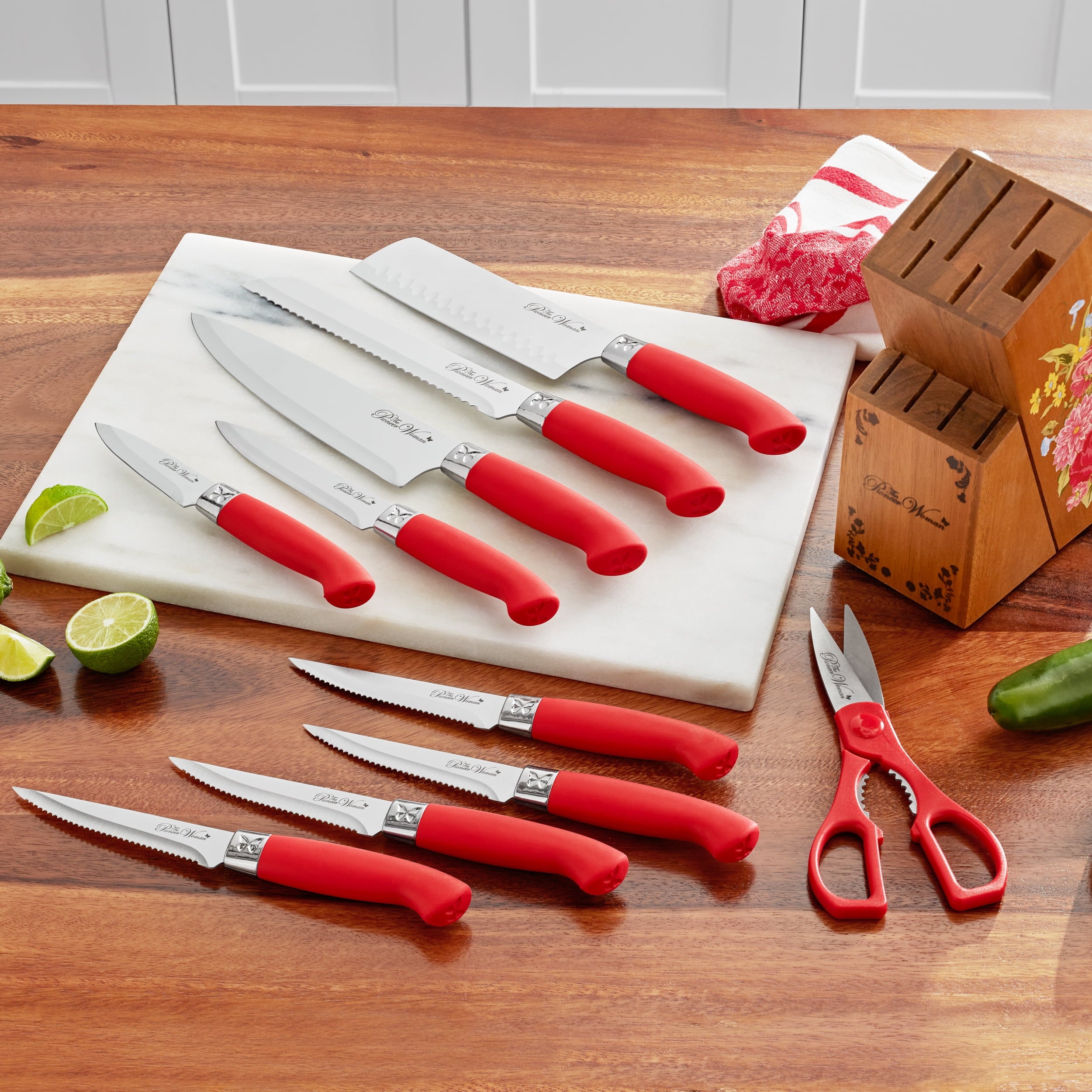 Homesteada™ Sweet Rose 11-Piece Stainless Steel Knife Block Set, Red