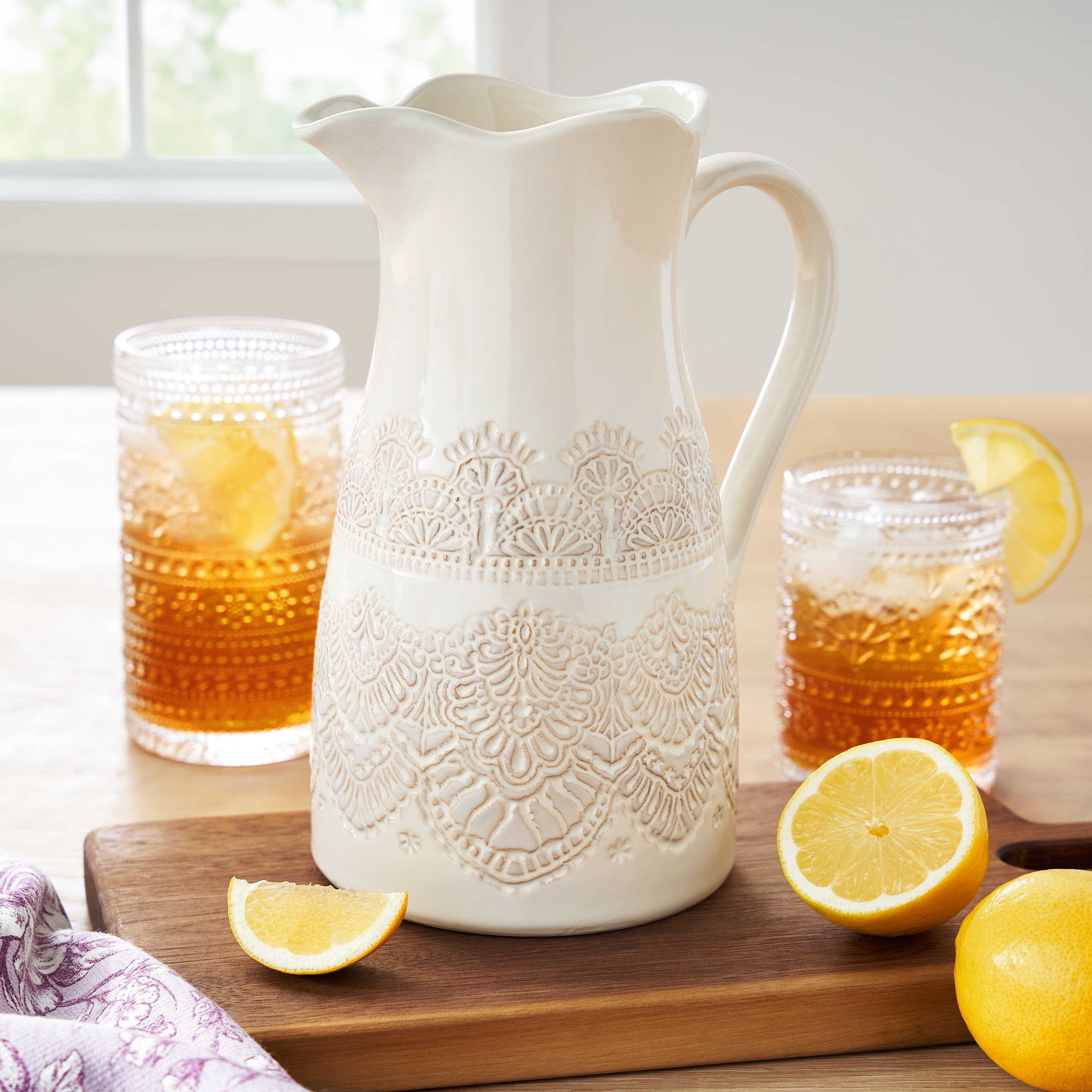 Homesteada™ Vintage Lace Linen 9-inch Ceramic Pitcher