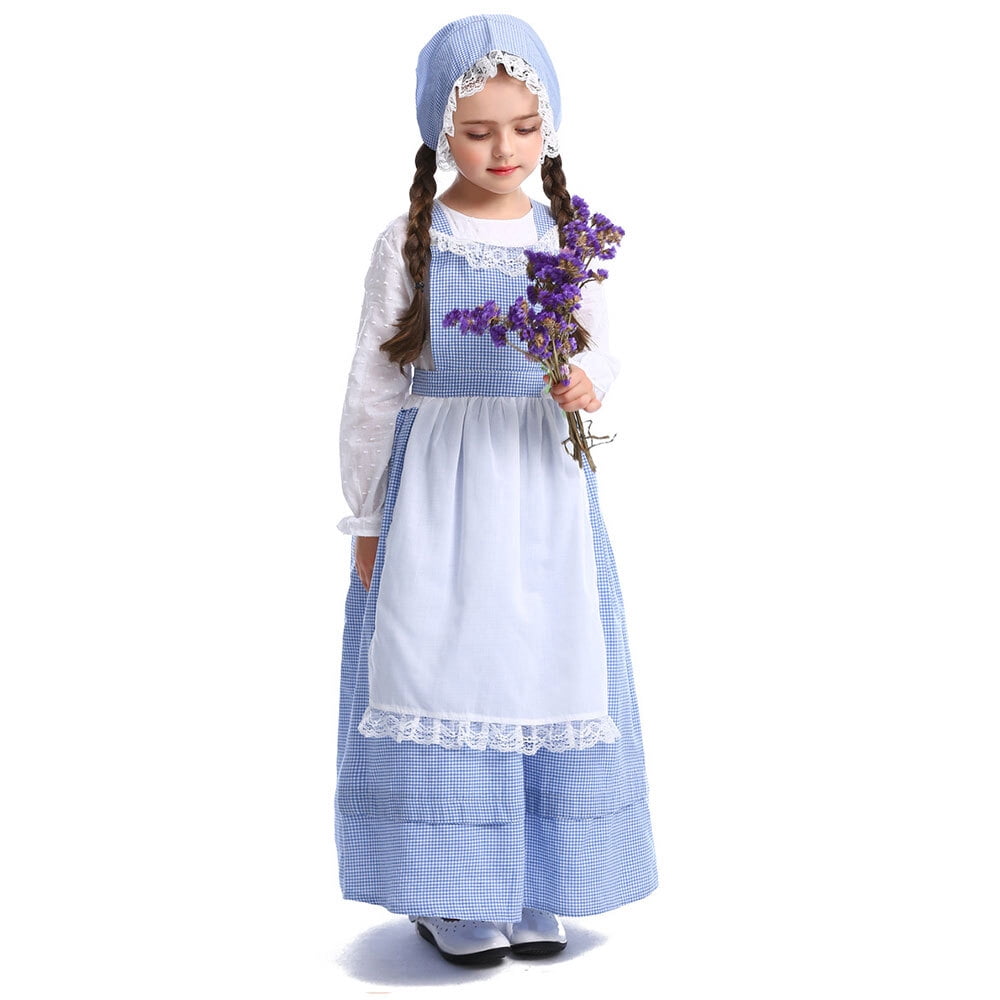 Homesteada™ Girls Heritage Country Costume Long Sleeve Dress with Apron colonial bonnet for 3-12Y