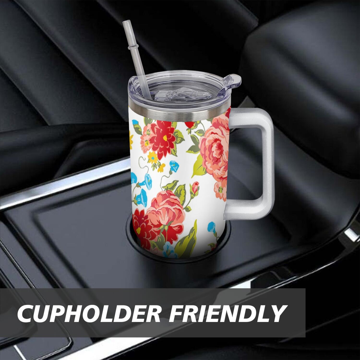 Homesteada™ 40 Oz Tumbler with Handle Lid and Straw Vintage Floral Women Stainless Steel Travel Mug Double Walled Vacuum Insulated Cup, Christmas Birthday Gifts for Indoor Outdoor Sports